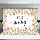 Aperturee - Aperturee Colorful Floral Butterfly Hello Spring Backdrop