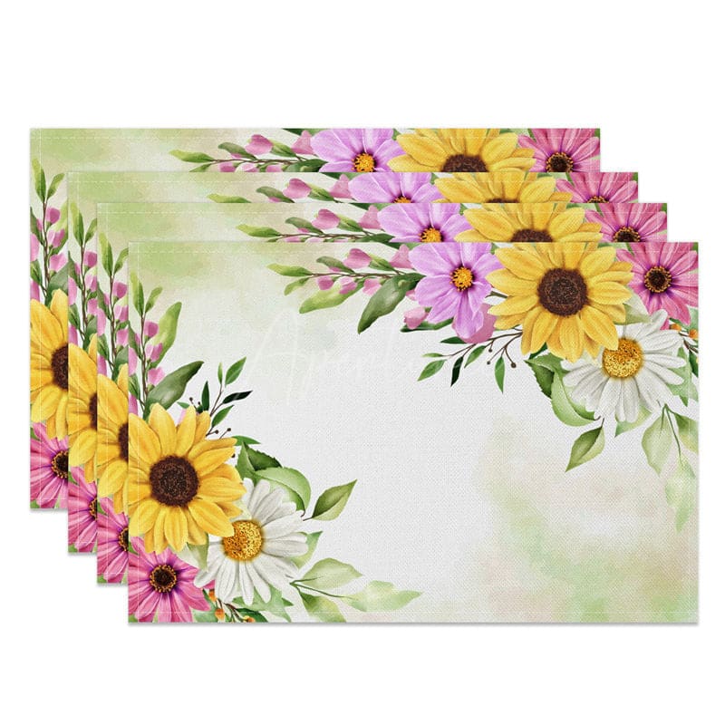 Aperturee - Aperturee Colorful Floral Green White Spring Set Of 4 Placemats