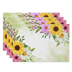 Aperturee - Aperturee Colorful Floral Green White Spring Set Of 4 Placemats