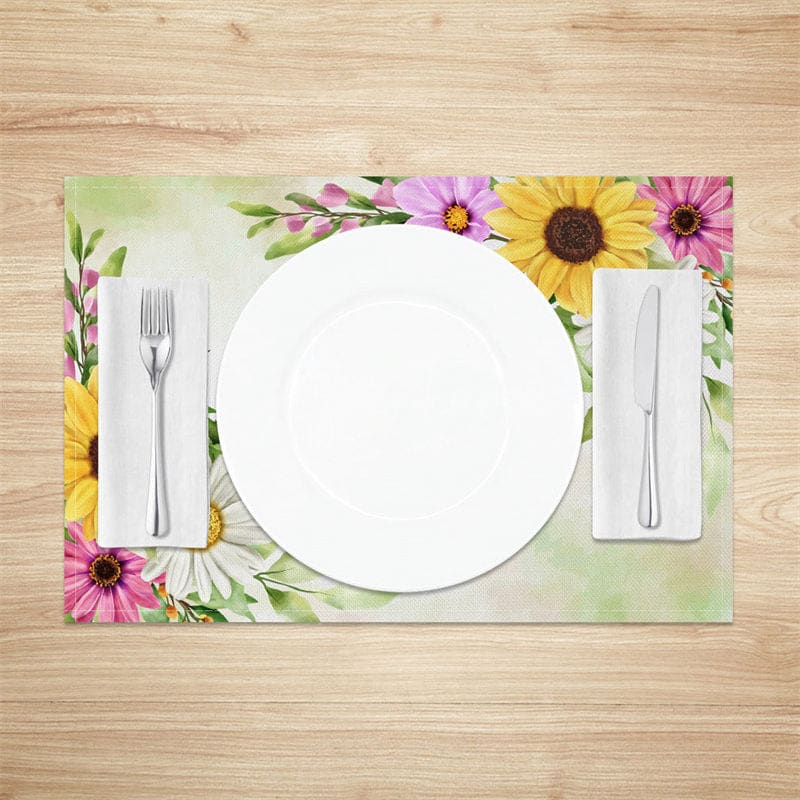 Aperturee - Aperturee Colorful Floral Green White Spring Set Of 4 Placemats
