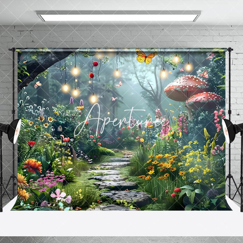 Aperturee - Aperturee Colorful Floral Lighted Forest Path Photo Backdrop