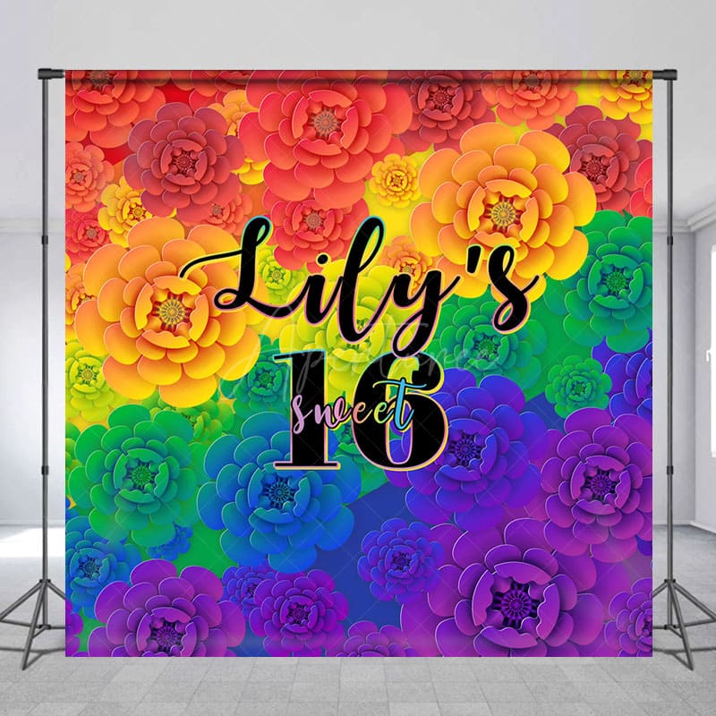 Aperturee - Aperturee Colorful Floral Print Custom Name Sweet 16 Backdrop