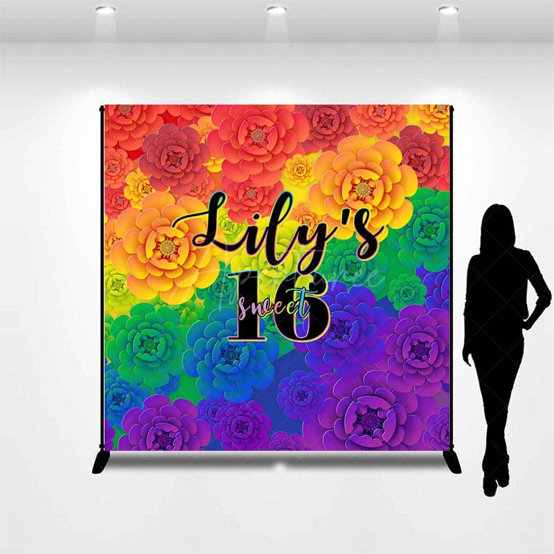 Aperturee - Aperturee Colorful Floral Print Custom Name Sweet 16 Backdrop