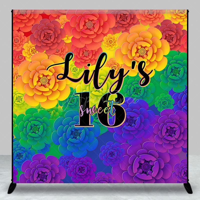 Aperturee - Aperturee Colorful Floral Print Custom Name Sweet 16 Backdrop