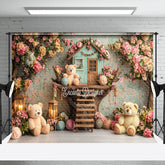 Aperturee - Aperturee Colorful Floral Tree House Bear Cake Smash Backdrop