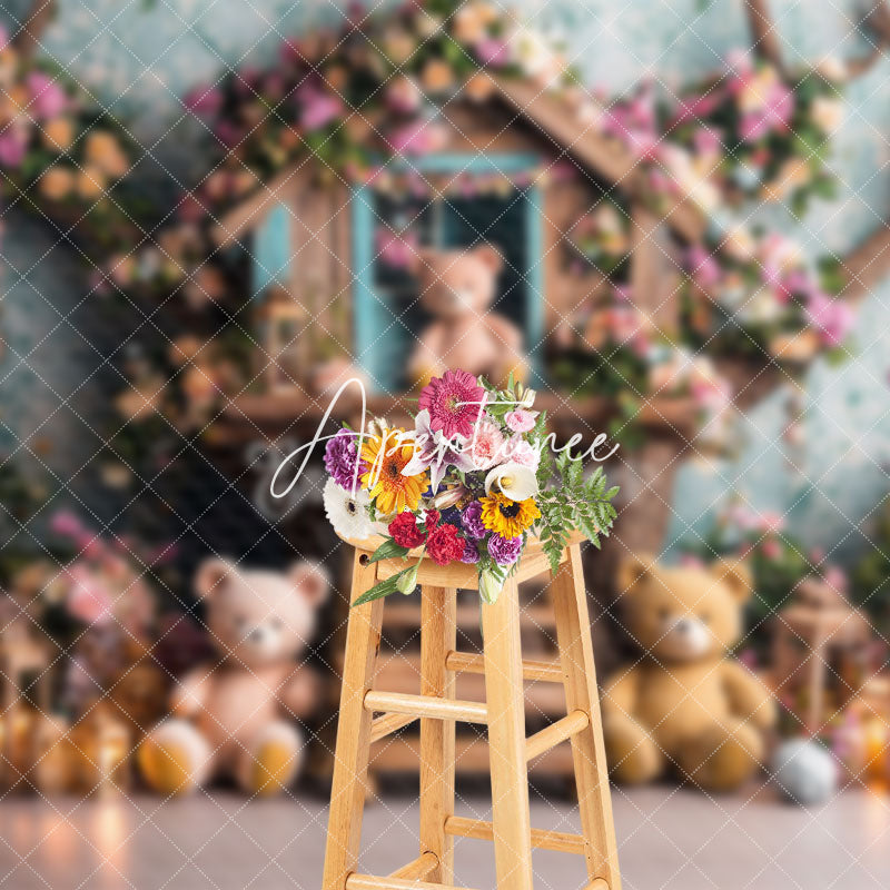 Aperturee - Aperturee Colorful Floral Wood House Bear Cake Smash Backdrop