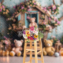 Aperturee - Aperturee Colorful Floral Wood House Bear Cake Smash Backdrop