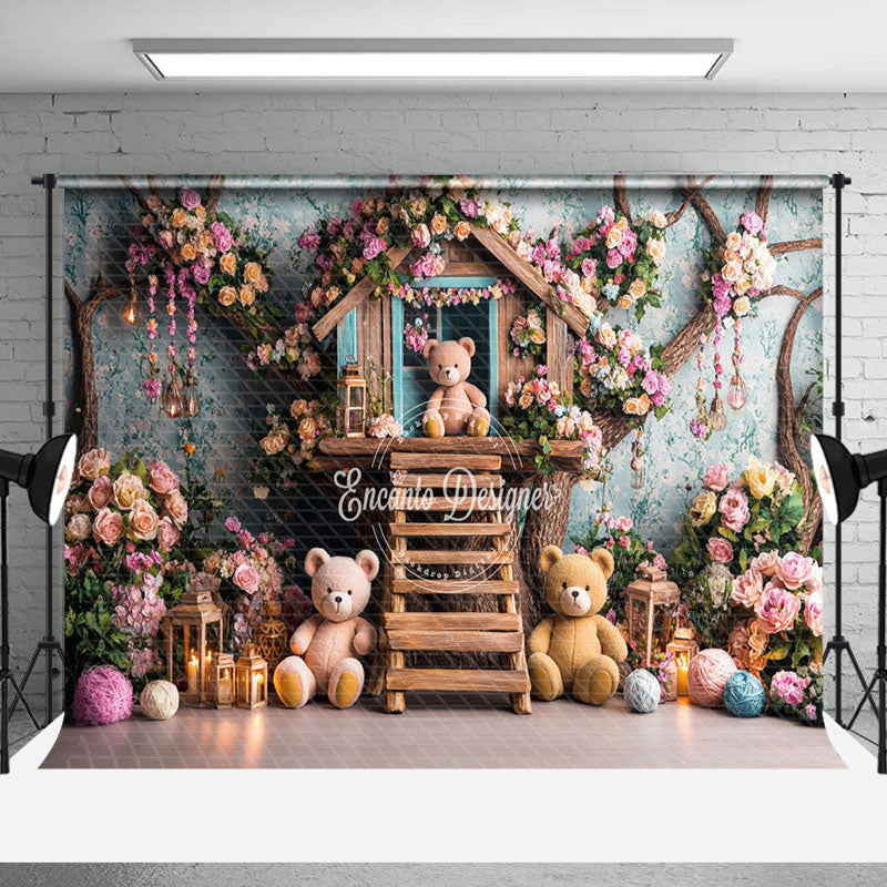 Aperturee - Aperturee Colorful Floral Wood House Bear Cake Smash Backdrop