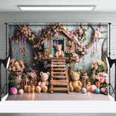 Aperturee - Aperturee Colorful Floral Wood House Bear Cake Smash Backdrop