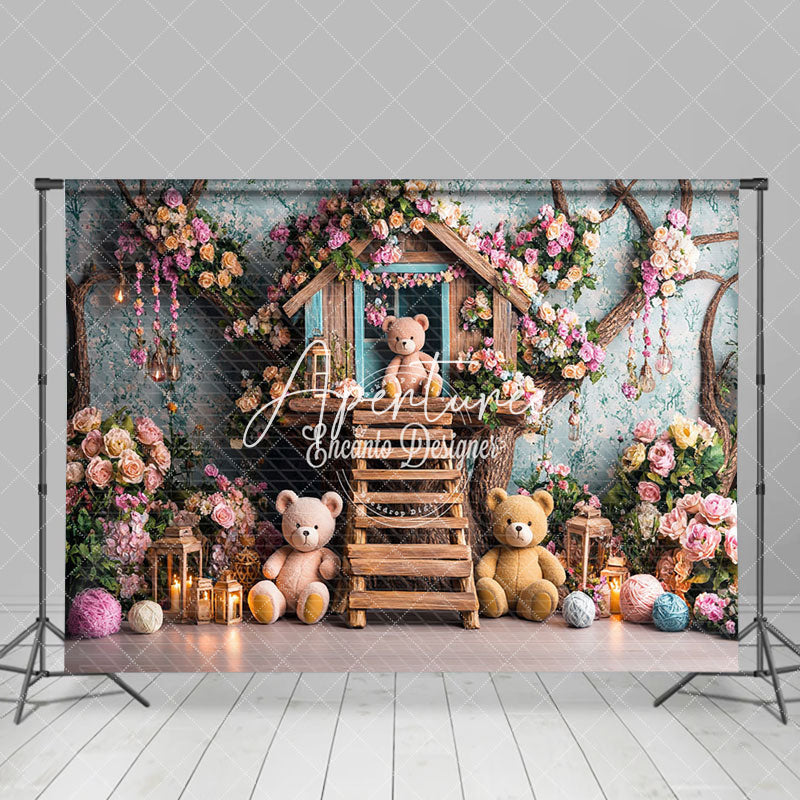Aperturee - Aperturee Colorful Floral Wood House Bear Cake Smash Backdrop