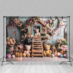 Aperturee - Aperturee Colorful Floral Wood House Bear Cake Smash Backdrop