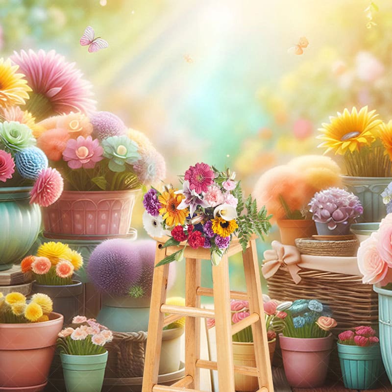 Aperturee - Aperturee Colorful Flower Pots Sunlight Spring Photo Backdrop