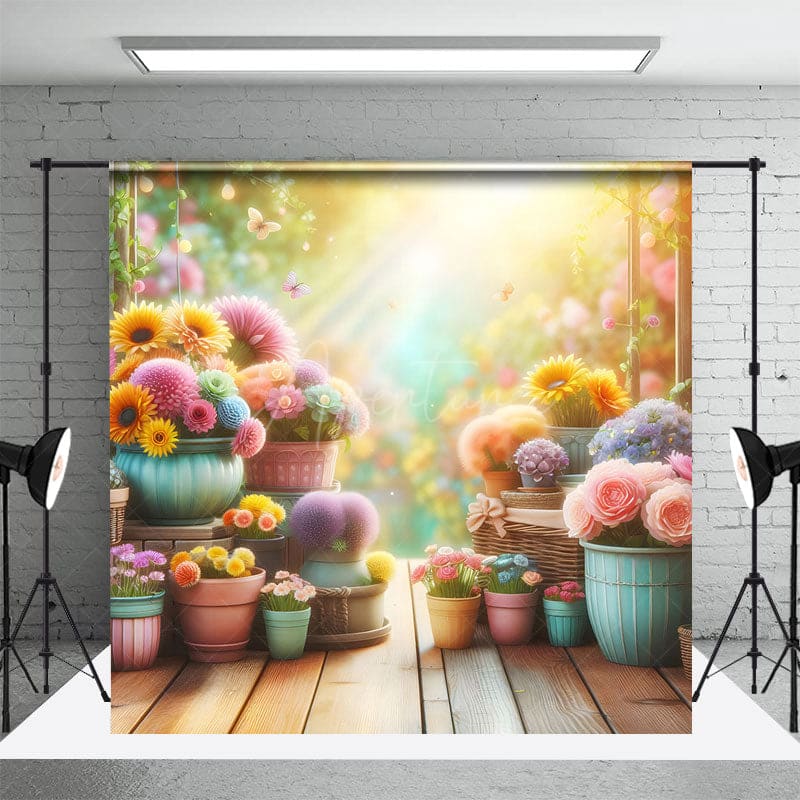 Aperturee - Aperturee Colorful Flower Pots Sunlight Spring Photo Backdrop