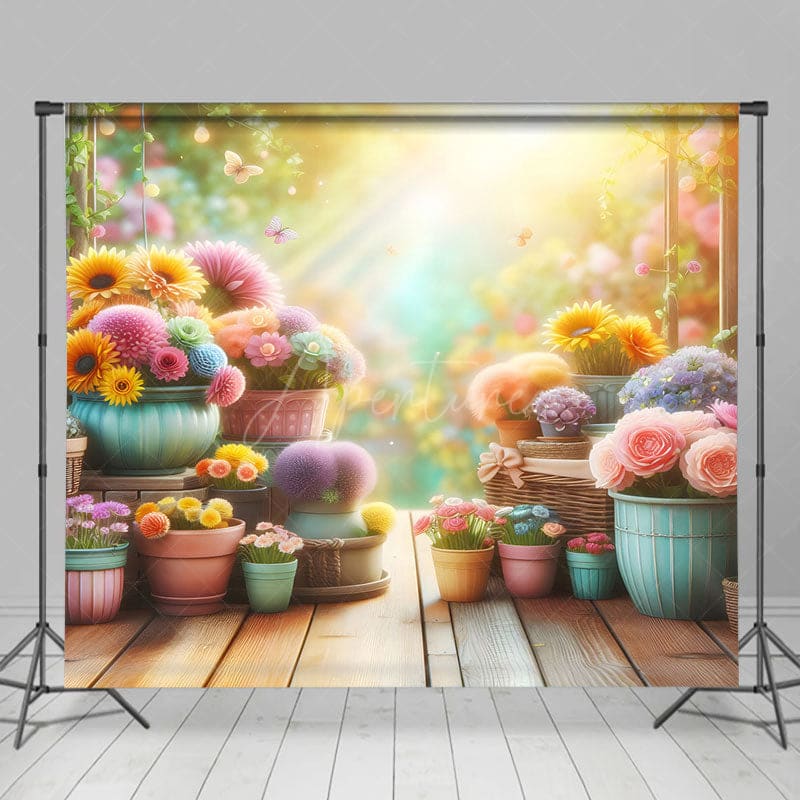 Aperturee - Aperturee Colorful Flower Pots Sunlight Spring Photo Backdrop