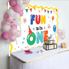 Aperturee - Aperturee Colorful Fun to be One First Birthday Backdrop with Balloons and Party Hat Festive Celebration Decor