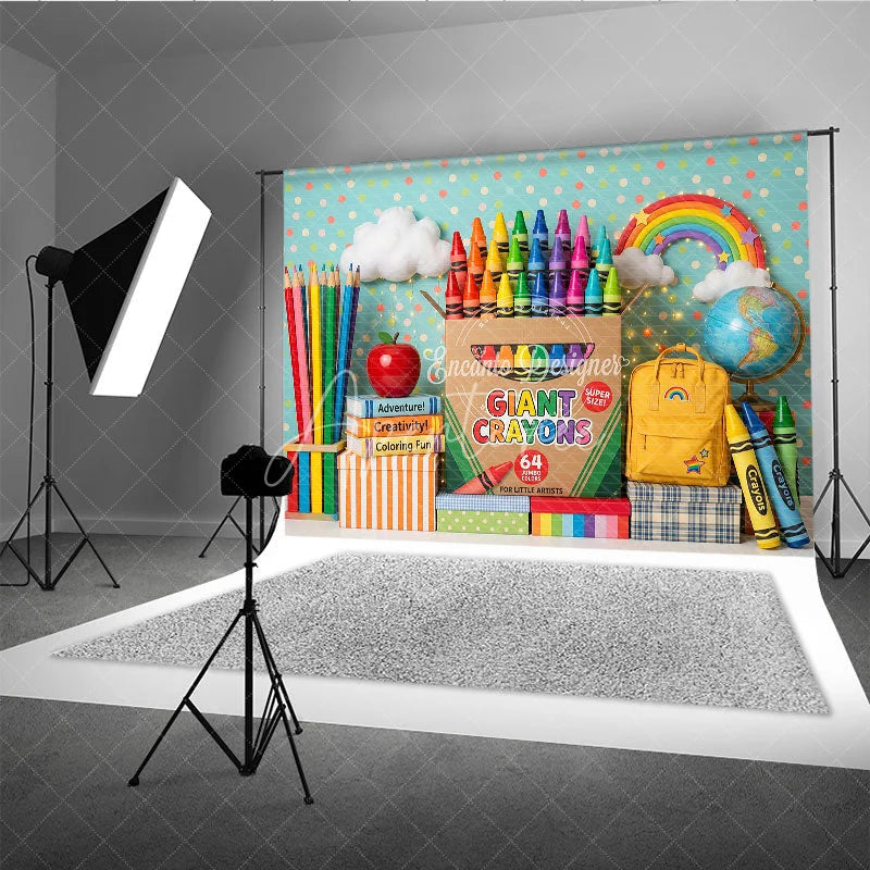 Aperturee - Aperturee Colorful Giant Crayons and School Supplies Photography Backdrop featuring Rainbow Books and Apple for Kids