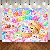Aperturee - Aperturee Colorful Glitter Happy Birthday Backdrop with Kawaii Steamed Buns Rainbow Balloons and Sweet Cake for Kids Party Decor