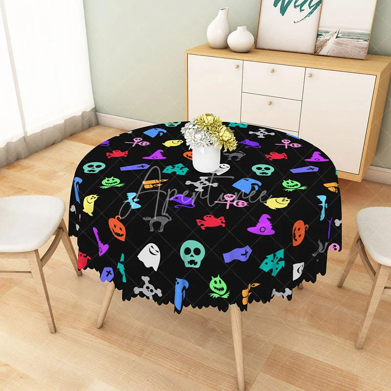 Aperturee - Aperturee Colorful Halloween Round Tablecloth with Mouse Jack-O’-Lantern and Spiders for Fun Kids Party