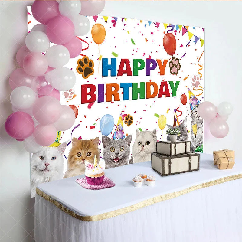 Aperturee - Aperturee Colorful Happy Birthday Backdrop Featuring Cute Cartoon Cats Balloons and Confetti for Festive Pet Party