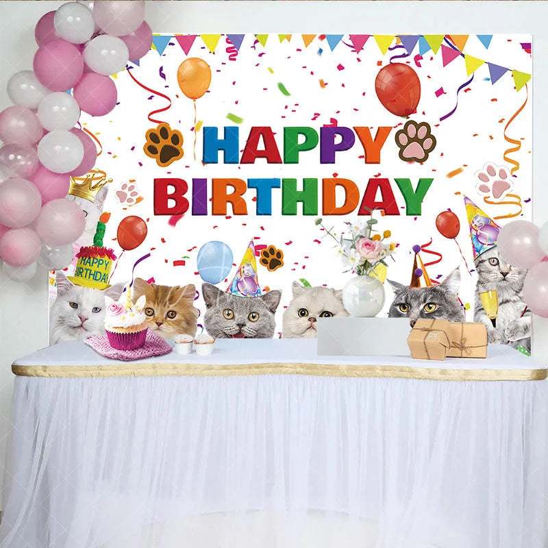 Aperturee - Aperturee Colorful Happy Birthday Backdrop Featuring Cute Cartoon Cats Balloons and Confetti for Festive Pet Party