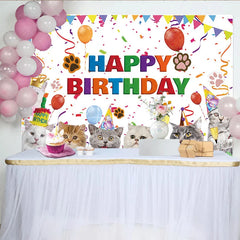 Aperturee - Aperturee Colorful Happy Birthday Backdrop Featuring Cute Cartoon Cats Balloons and Confetti for Festive Pet Party