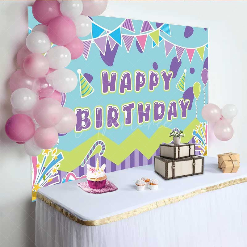 Aperturee - Aperturee Colorful Happy Birthday Party Backdrop for Kids Candy and Balloons Celebration Fun Bunting and Gifts Photo Prop