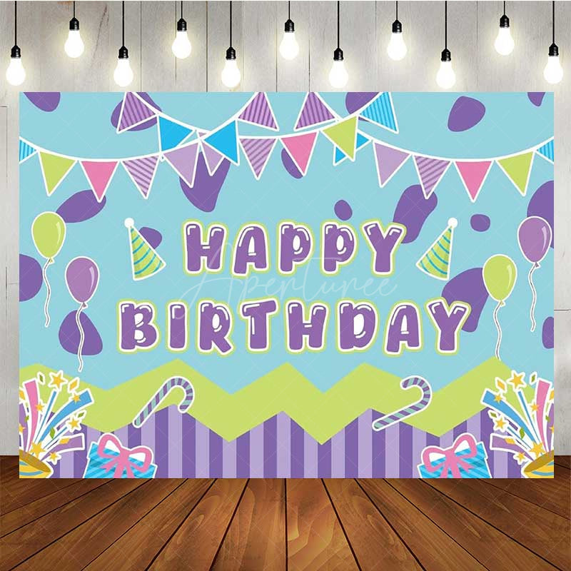 Aperturee - Aperturee Colorful Happy Birthday Party Backdrop for Kids Candy and Balloons Celebration Fun Bunting and Gifts Photo Prop