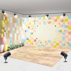 Aperturee - Aperturee Colorful Heart Plaid Wall Wedding Room Set Backdrop
