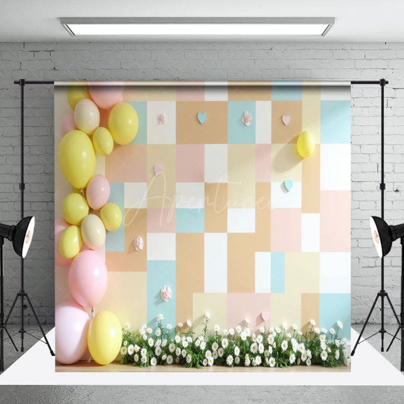 Aperturee - Aperturee Colorful Heart Plaid Wall Wedding Room Set Backdrop