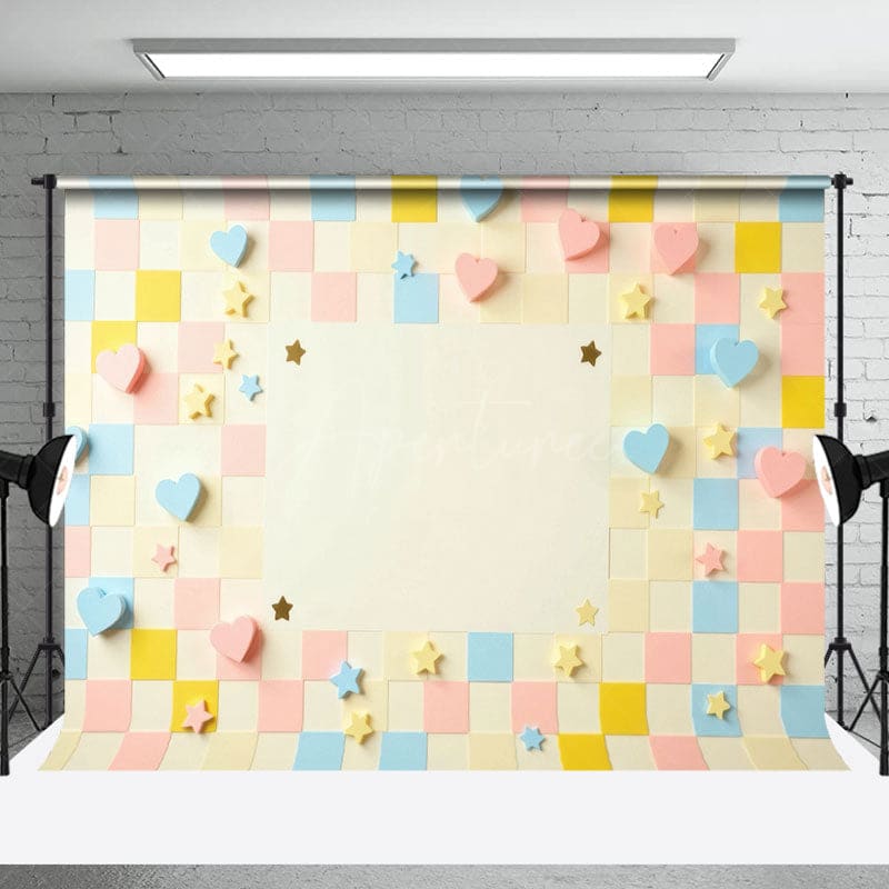 Aperturee - Aperturee Colorful Heart Plaid Wall Wedding Room Set Backdrop
