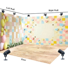 Aperturee - Aperturee Colorful Heart Plaid Wall Wedding Room Set Backdrop