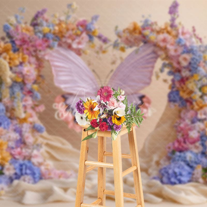 Aperturee - Aperturee Colorful Horn Flower Butterfly Wedding Photo Backdrop