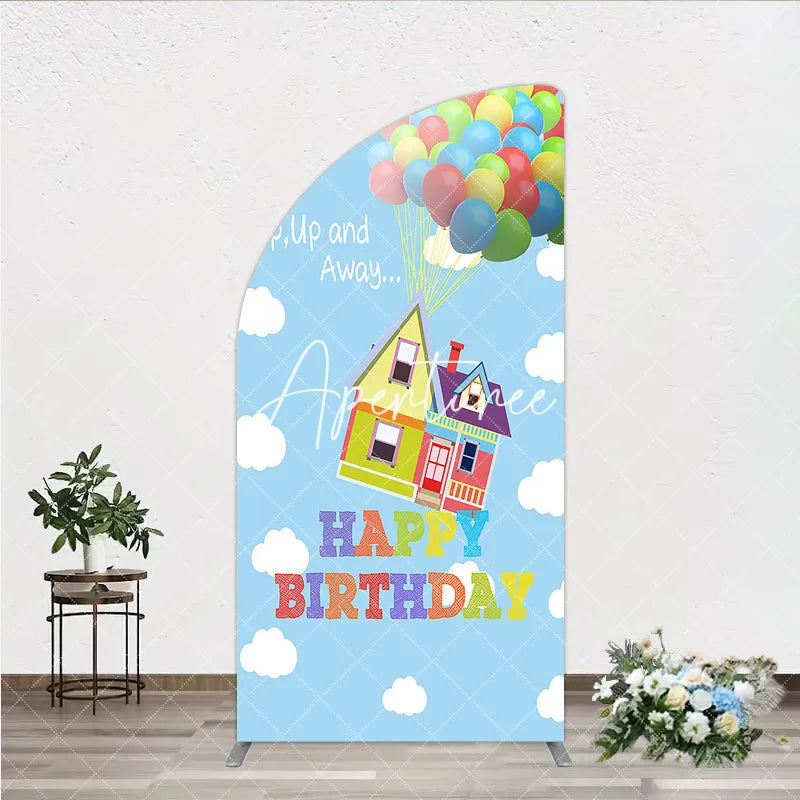 Aperturee - Aperturee Colorful House and Balloons ’Up Up and Away’ Happy Birthday Half Moon Arch Backdrop Whimsical Party Decor