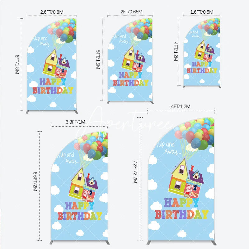 Aperturee - Aperturee Colorful House and Balloons ’Up Up and Away’ Happy Birthday Half Moon Arch Backdrop Whimsical Party Decor