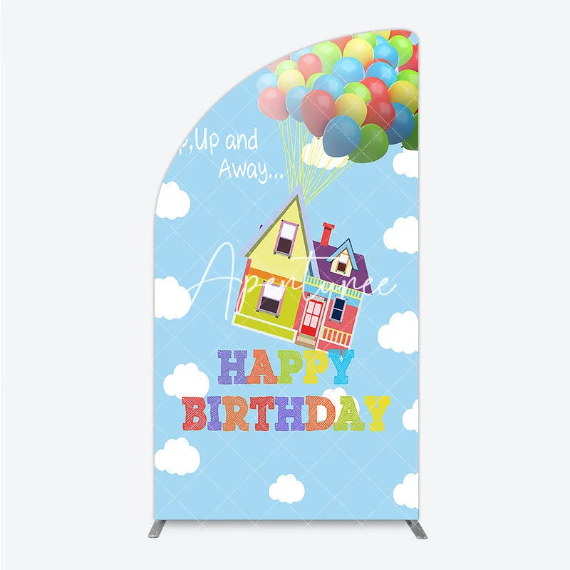 Aperturee - Aperturee Colorful House and Balloons ’Up Up and Away’ Happy Birthday Half Moon Arch Backdrop Whimsical Party Decor