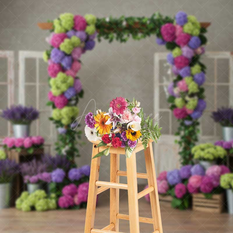 Aperturee Aperturee Colorful Hydrangea Wedding Arch Photography Backdrop Rustic Doors with Purple and Green Florals Garden Photo Prop