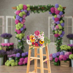 Aperturee Aperturee Colorful Hydrangea Wedding Arch Photography Backdrop Rustic Doors with Purple and Green Florals Garden Photo Prop