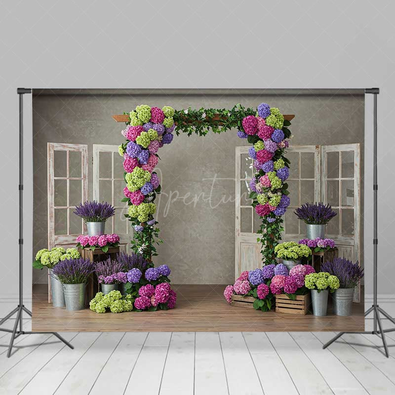 Aperturee Aperturee Colorful Hydrangea Wedding Arch Photography Backdrop Rustic Doors with Purple and Green Florals Garden Photo Prop