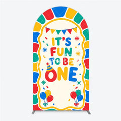 Aperturee - Aperturee Colorful Its Fun to Be One First Birthday Round Top Arch Backdrop featuring Balloons and Confetti