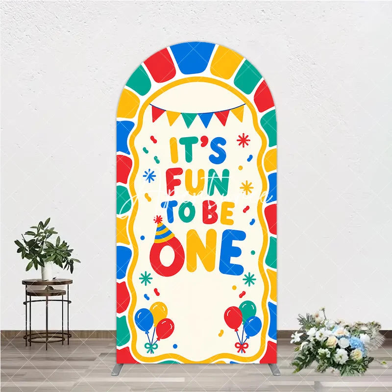 Aperturee - Aperturee Colorful Its Fun to Be One First Birthday Round Top Arch Backdrop featuring Balloons and Confetti
