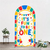 Aperturee - Aperturee Colorful Its Fun to Be One First Birthday Round Top Arch Backdrop featuring Balloons and Confetti