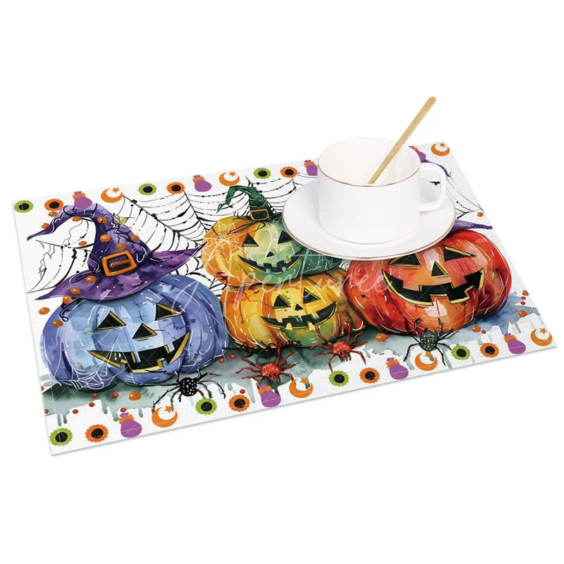 Aperturee - Aperturee Colorful Jack-O’-Lantern and Witch Hat Set of 4 Placemats for Fun Kids Halloween Party Decorations