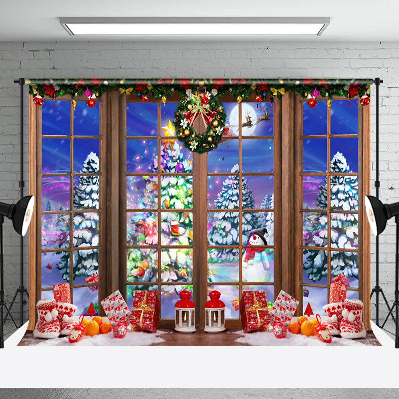 Aperturee - Aperturee Colorful Light Trees Window Scene Christmas Backdrop