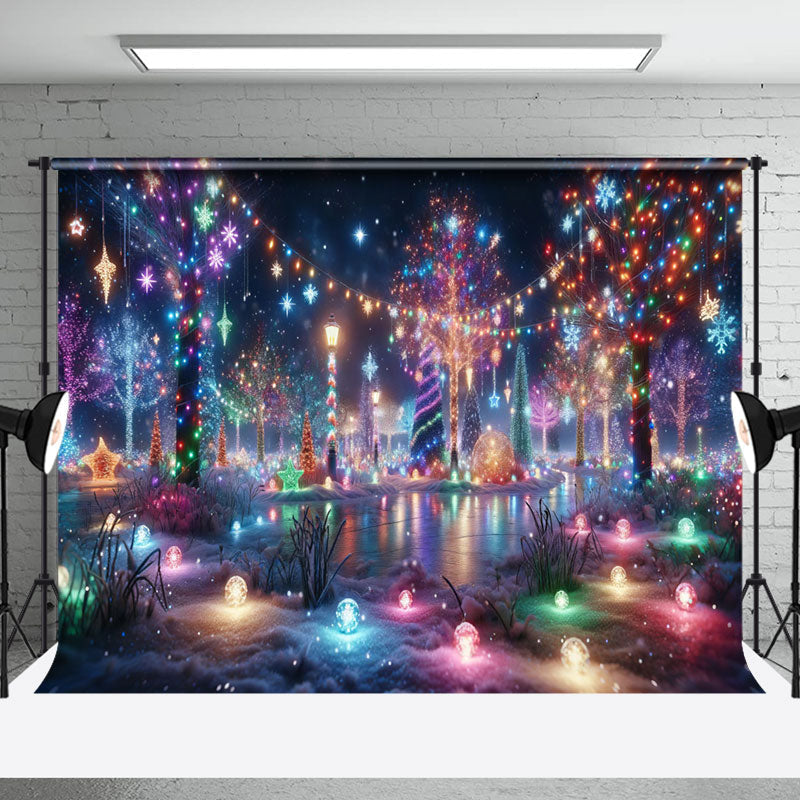 Aperturee - Aperturee Colorful Lighted Trees Snowy Christmas Vibe Backdrop