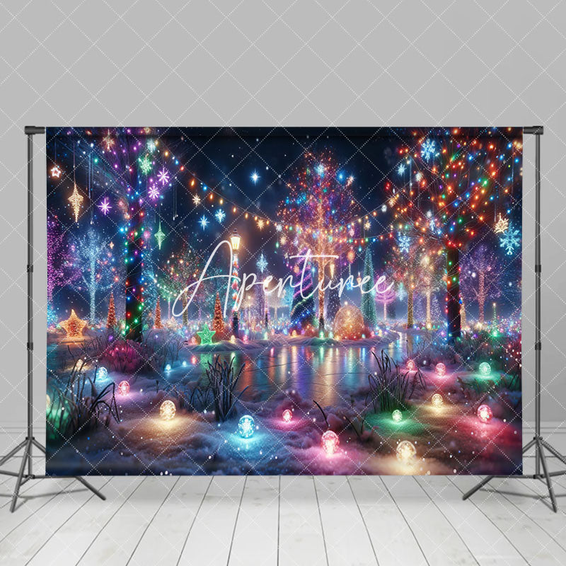 Aperturee - Aperturee Colorful Lighted Trees Snowy Christmas Vibe Backdrop