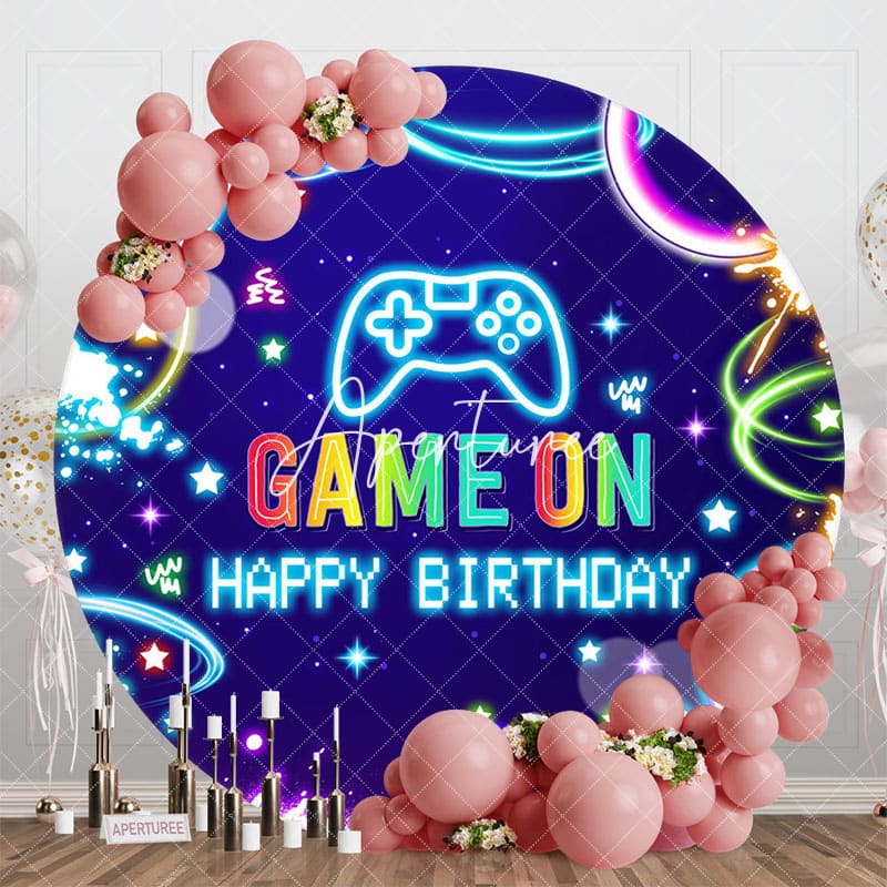 Aperturee - Aperturee Colorful Neon Stars Game On Round Birthday Backdrop