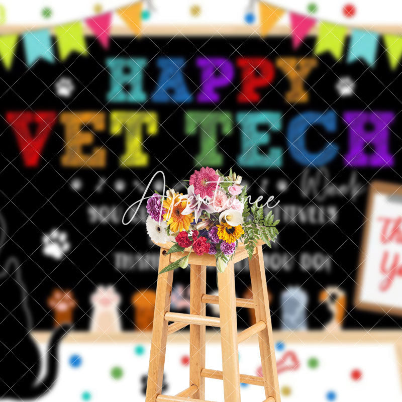 Aperturee - Aperturee Colorful Paw Print Happy Vet Tech Thank You Backdrop