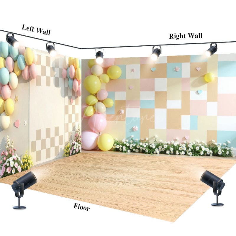 Aperturee - Aperturee Colorful Plaid Wall Floral Wedding Room Set Backdrop