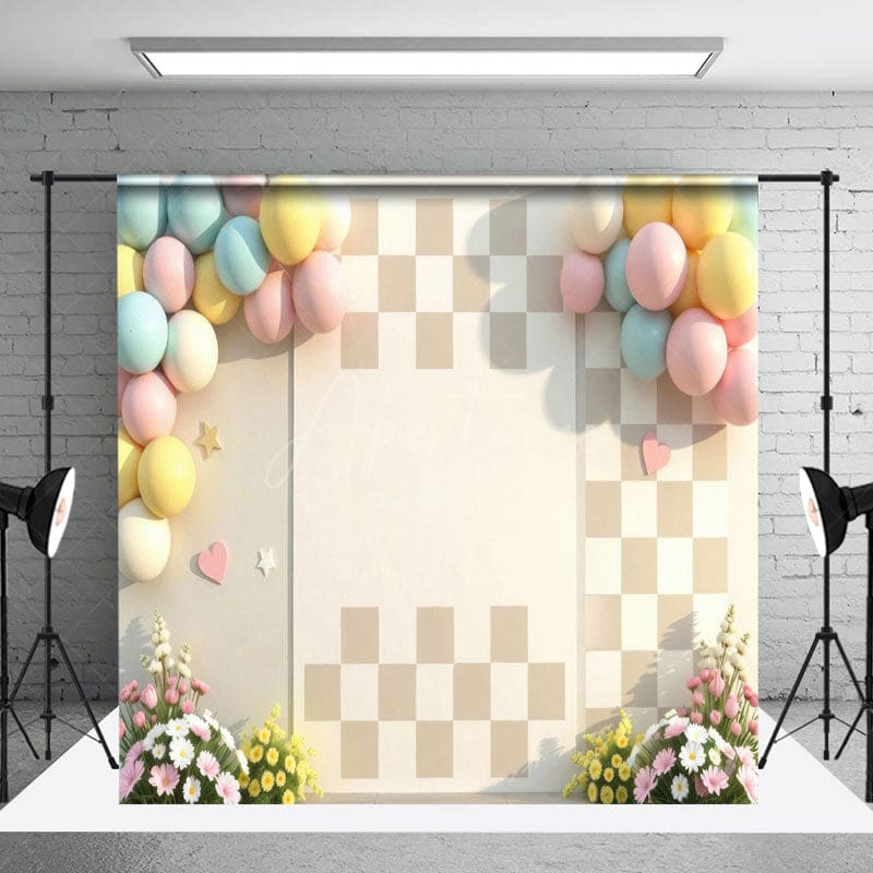 Aperturee - Aperturee Colorful Plaid Wall Floral Wedding Room Set Backdrop