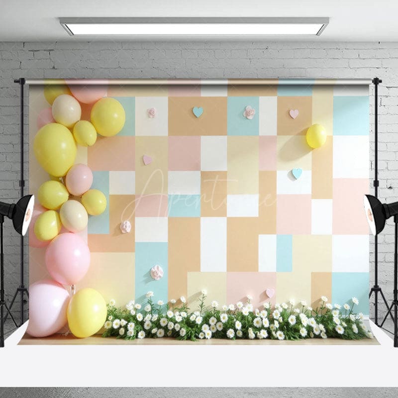 Aperturee - Aperturee Colorful Plaid Wall Floral Wedding Room Set Backdrop